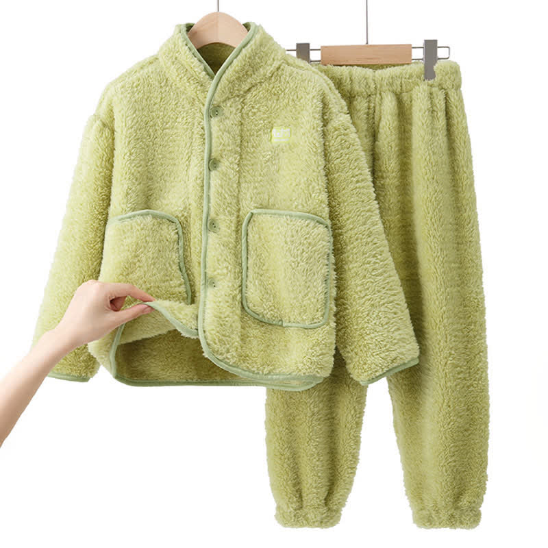 Ownkoti Solid Button Child Plush Loungewear Set - Green - Child:170cm - image 13