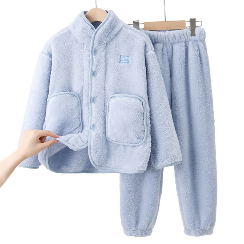 Ownkoti Solid Button Child Plush Loungewear Set - Blue - Child:170cm - image 0