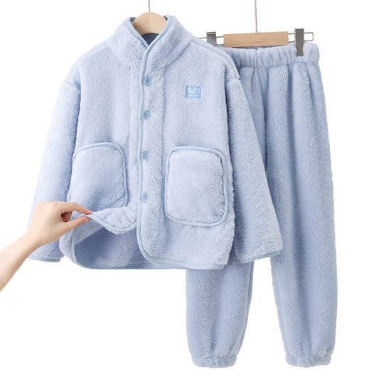 Ownkoti Solid Button Child Plush Loungewear Set - Blue - Child:170cm - image 0