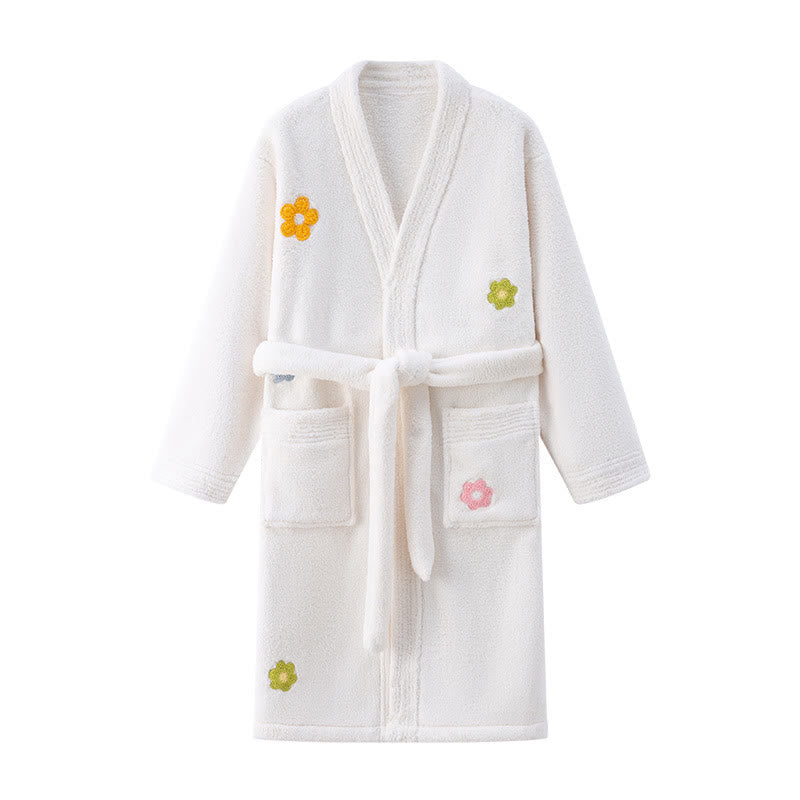 Ownkoti Floral Plush Child Robe with Pocket - White - Child:140-160cm - image 8