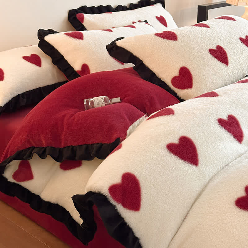 Ownkoti Heart-Print Plush Bedding Set with Romantic Ruffles(4PCS) - Red - King - image 0
