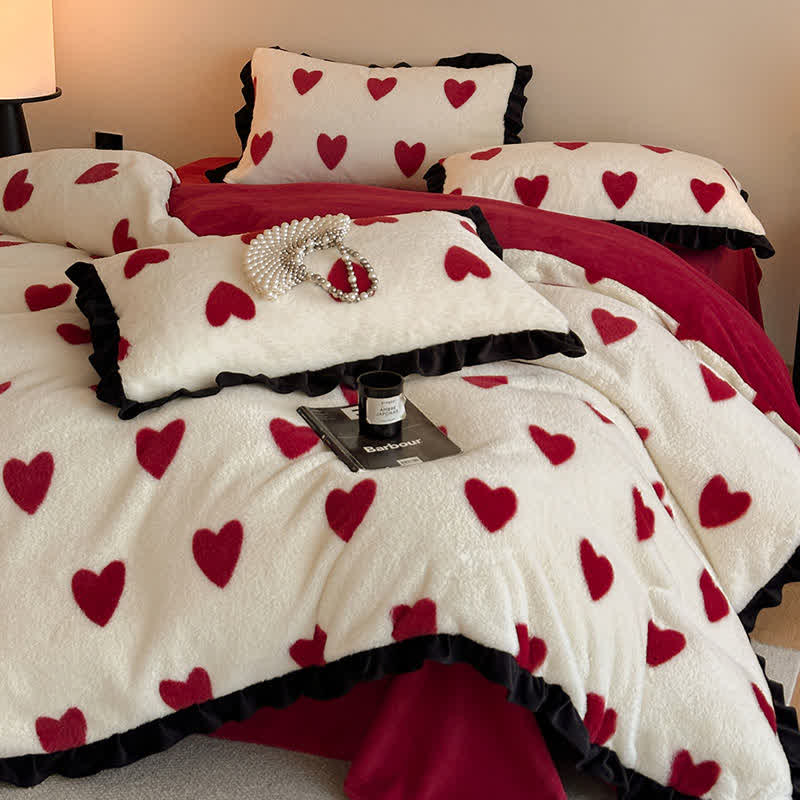 Ownkoti Heart-Print Plush Bedding Set with Romantic Ruffles(4PCS) - image 1