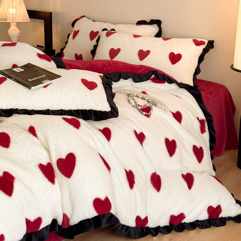 Ownkoti Heart-Print Plush Bedding Set with Romantic Ruffles(4PCS) - image 2
