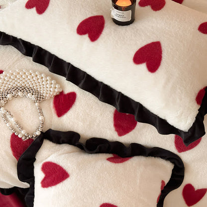 Ownkoti Heart-Print Plush Bedding Set with Romantic Ruffles(4PCS) - image 3
