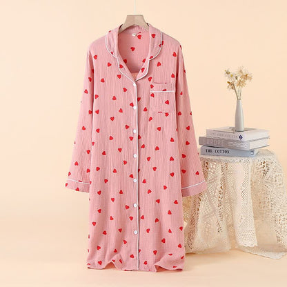 Ownkoti Heart Pure Cotton Gauze Button Nightgown  - Pink - XL - image 0