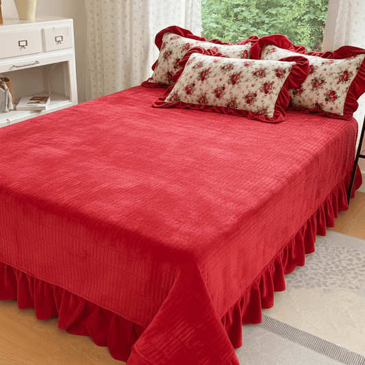 Ownkoti Romantic Vintage Rose Floral Velvet Bedding - Bed Skirt with 2pcs Pillowcases - King - image 5