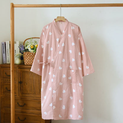 Ownkoti Heart Cotton Gauze Kimono Bathrobe - Pink - L - image 2