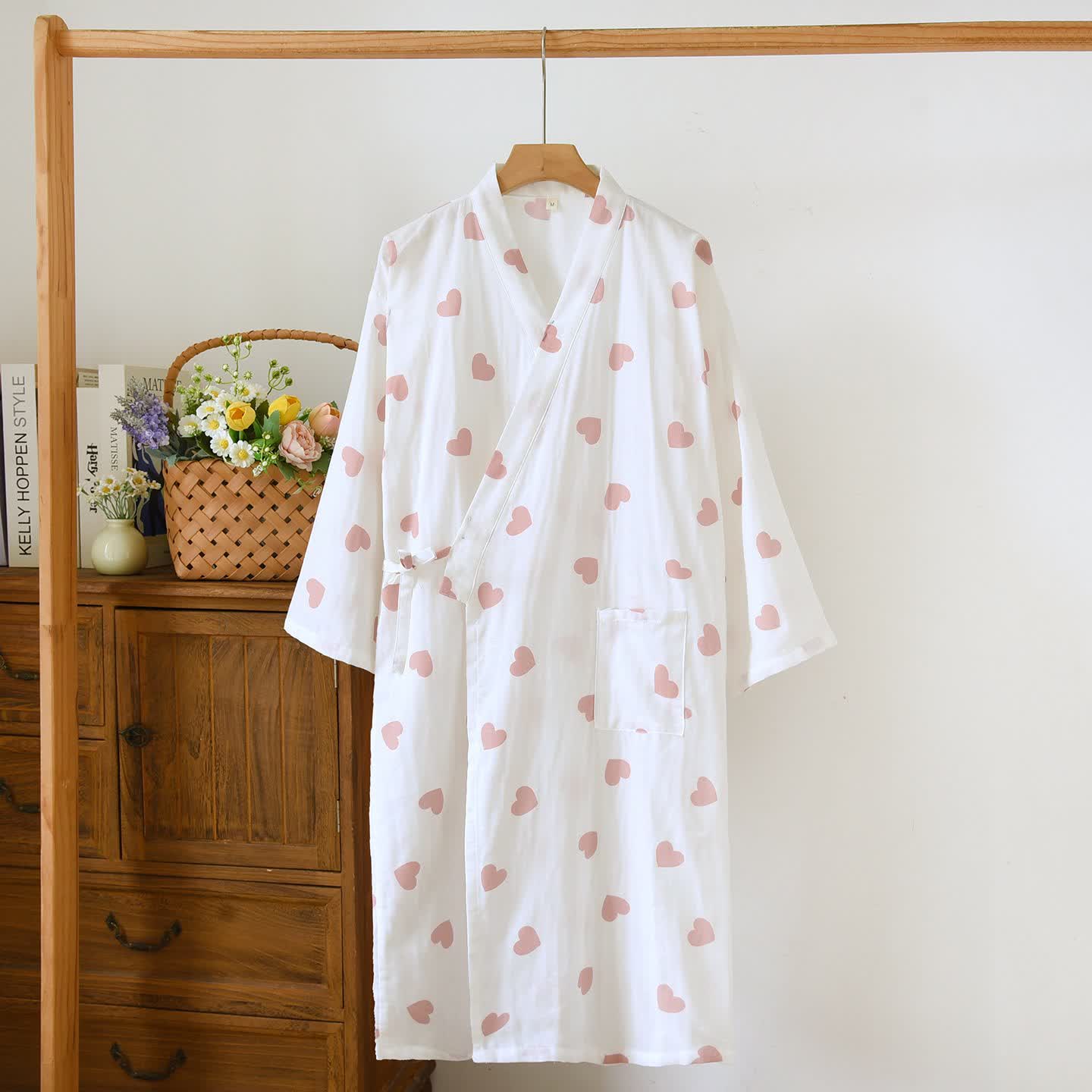 Ownkoti Heart Cotton Gauze Kimono Bathrobe - White - L - image 12