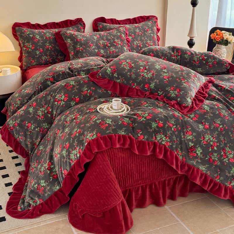 Ownkoti Vintage Rose Floral Velvet Ruffle Bedding - image 2