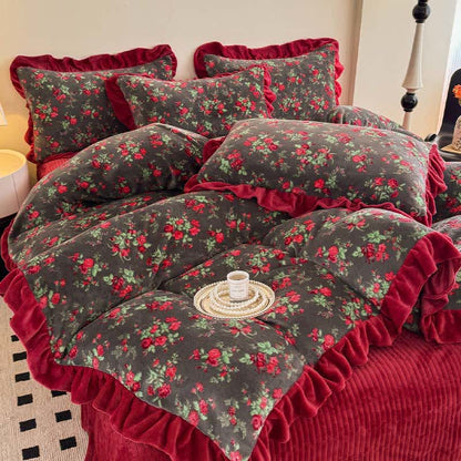 Ownkoti Vintage Rose Floral Velvet Ruffle Bedding - image 4