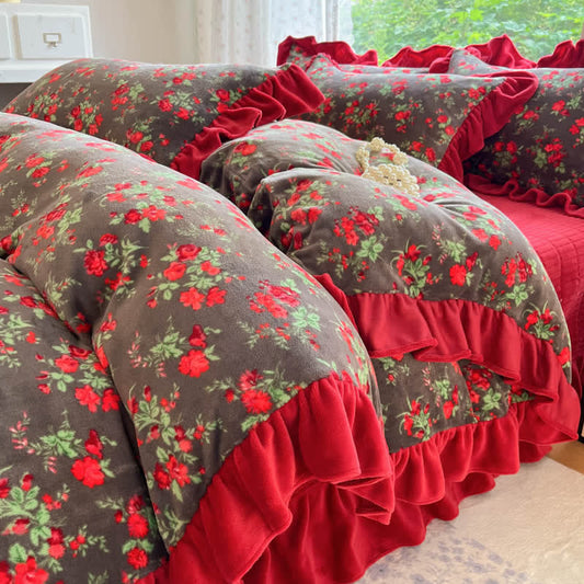 Ownkoti Vintage Rose Floral Velvet Ruffle Bedding - Bedding Set(4PCS) - King - image 0