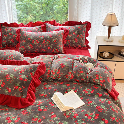 Ownkoti Vintage Rose Floral Velvet Ruffle Bedding - image 3