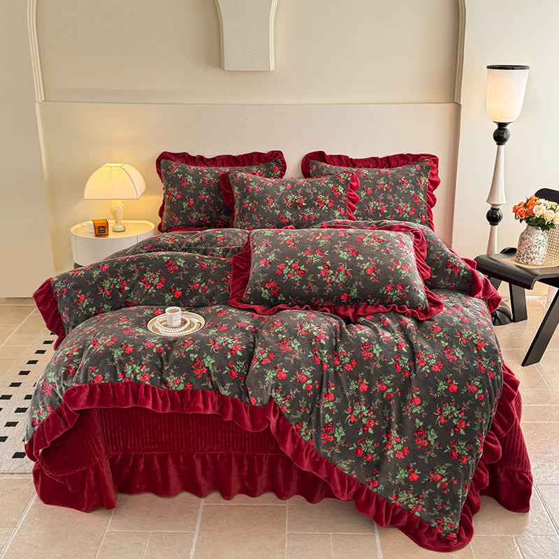 Ownkoti Vintage Rose Floral Velvet Ruffle Bedding - image 1