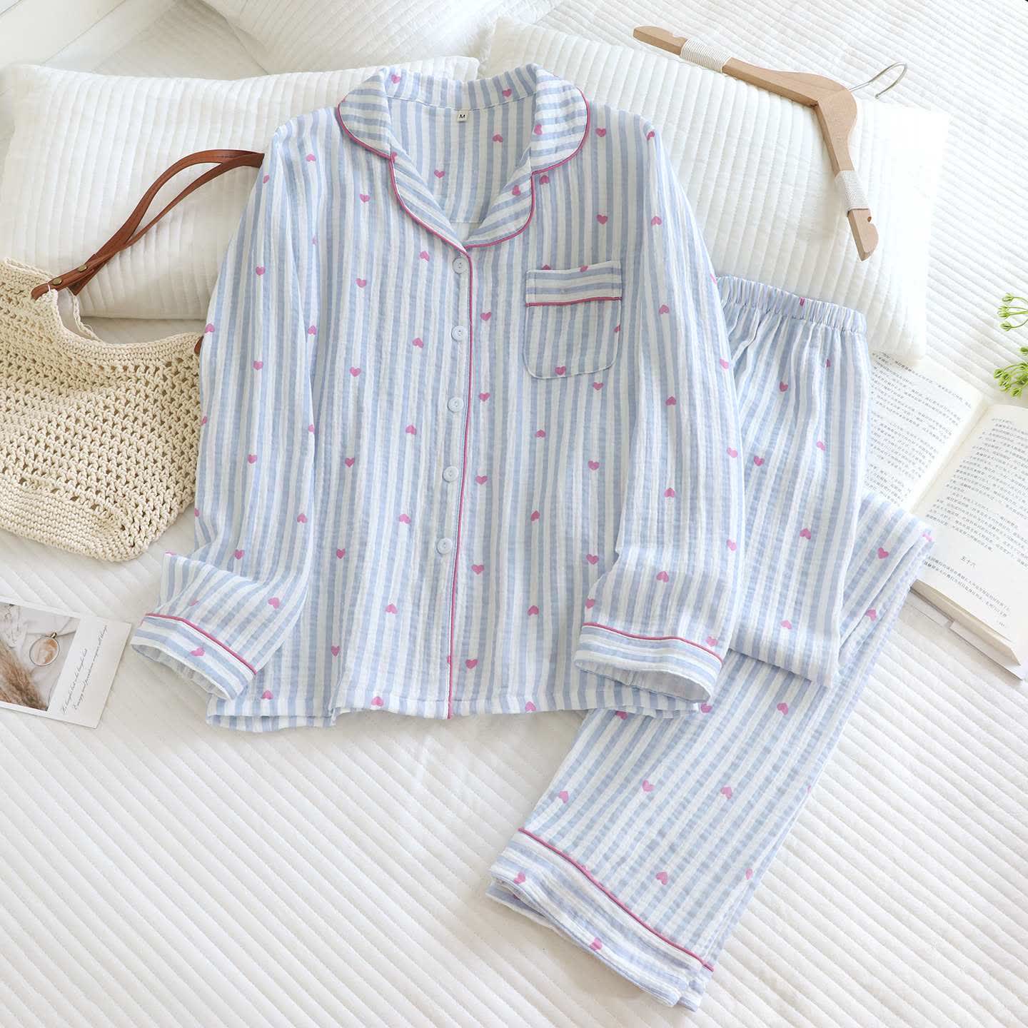 Ownkoti Stripe Heart Cotton Gauze Pajama Set - Blue - XL - image 3