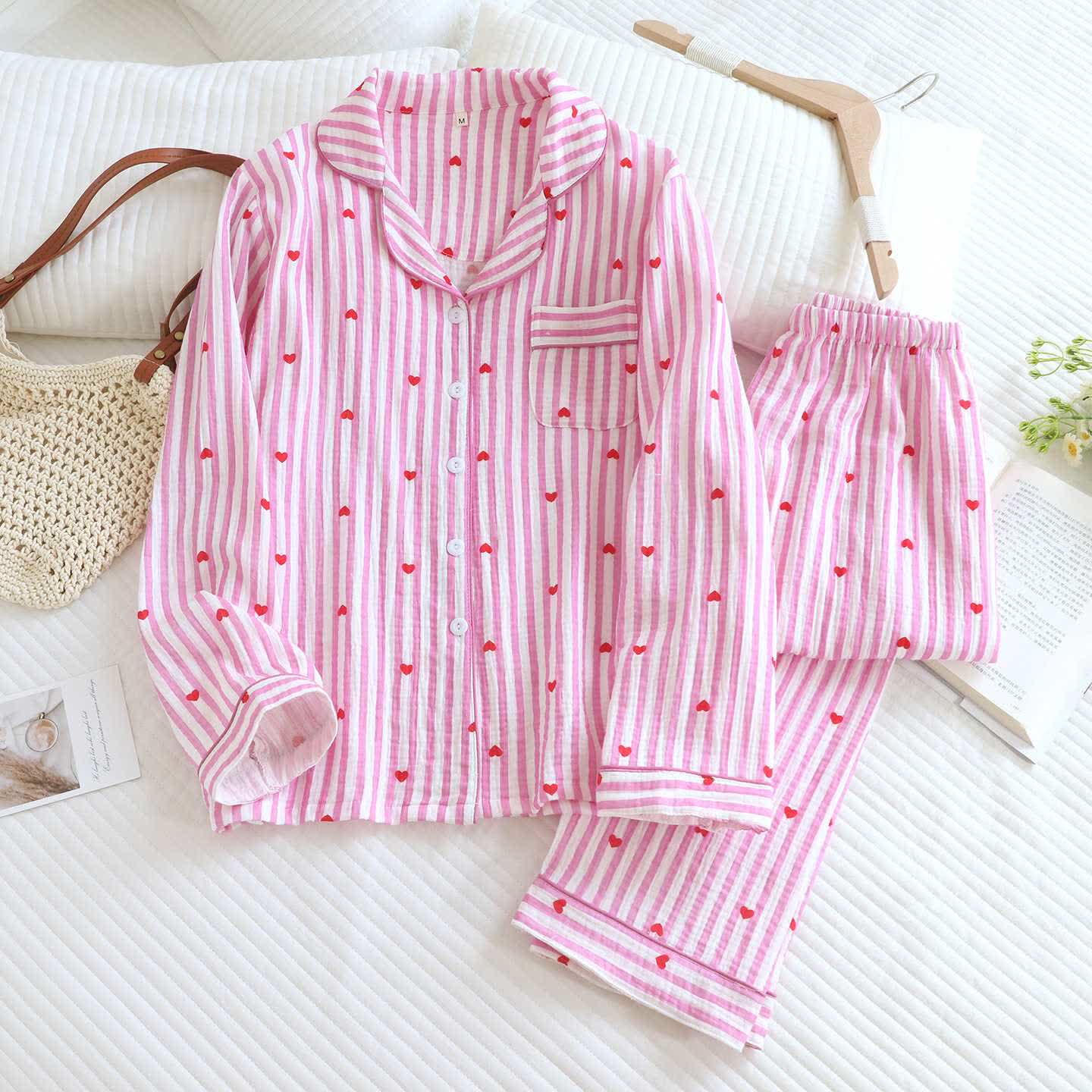 Ownkoti Stripe Heart Cotton Gauze Pajama Set - Pink - XL - image 5
