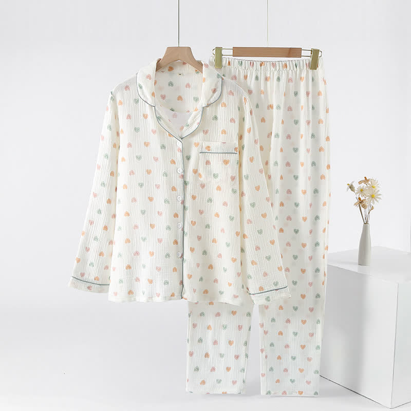 Ownkoti Colorful Heart Cotton Gauze Pajama Set - White - XL - image 0
