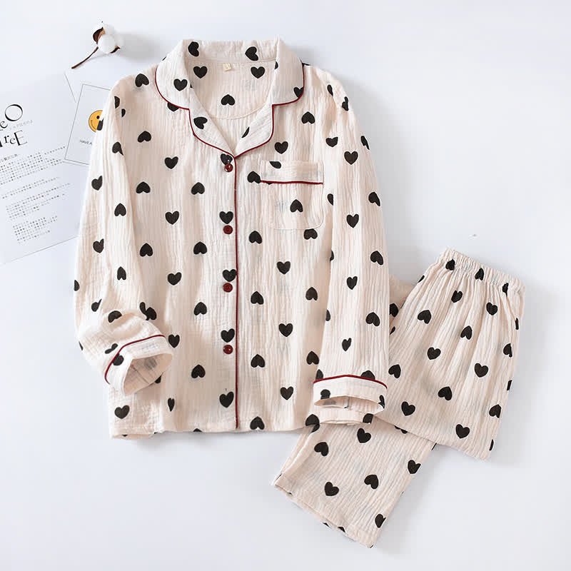 Ownkoti Black Heart Pure Cotton Pajama Set - Beige - XL - image 0