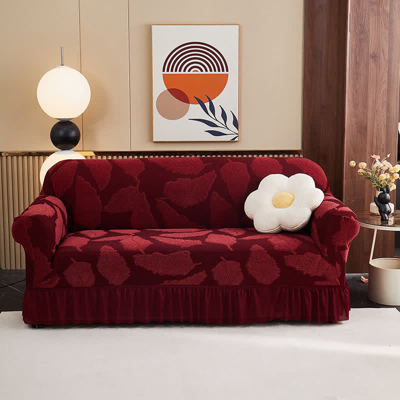 Ownkoti Jacquard Leaf Elastic Full-Wrap Slipcover - Wine - 4-Seater 92" - 118" - image 11