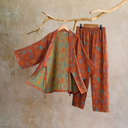 Ownkoti Ginkgo Cotton Gauze Kimono Pajama Set - Wine - XL - image 11