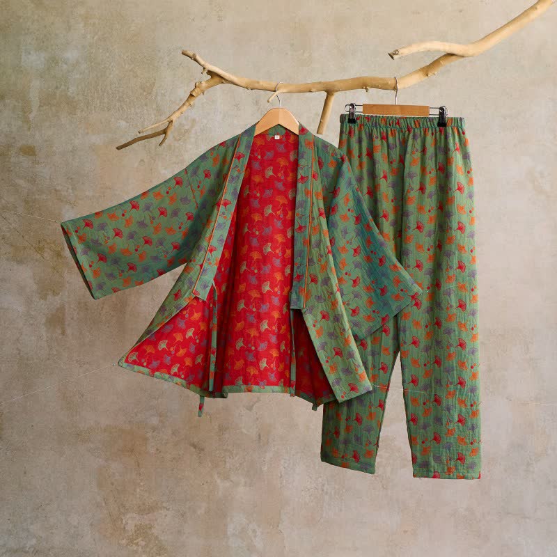 Ownkoti Ginkgo Organic Cotton Kimono Loungewear Set - Green & Red - XL - image 9