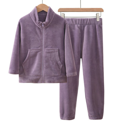 Ownkoti Solid Color Zip-up Warm Child Pajama Set - Purple - Child:160cm - image 6
