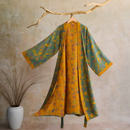 Ownkoti Ginkgo Biloba Cotton Gauze Kimono Robe - Green & Orange - 2XL - image 3