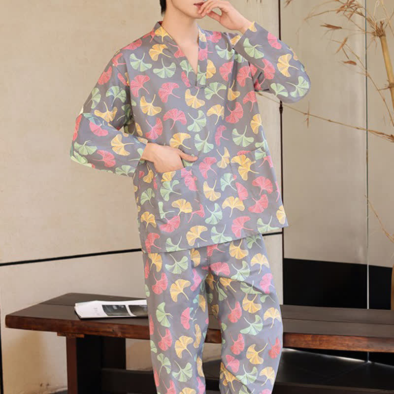 Ownkoti Ginkgo Leaf Cotton Sauna & Loungewear Set - Gray (Men) - 6XL - image 2