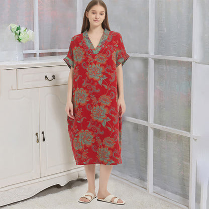 Ownkoti Floral Double-Layer Cotton Gauze Nightgown - Red - XL - image 0