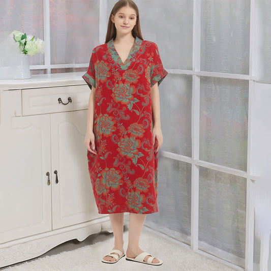 Ownkoti Floral Double-Layer Cotton Gauze Nightgown - Red - XL - image 0
