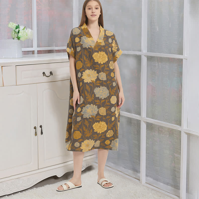 Ownkoti Vintage Peony Jacquard V-Neck Nightgown - Gray & Yellow - XL - image 0