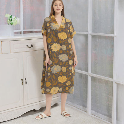 Ownkoti Vintage Peony Jacquard V-Neck Nightgown - Gray & Yellow - XL - image 0