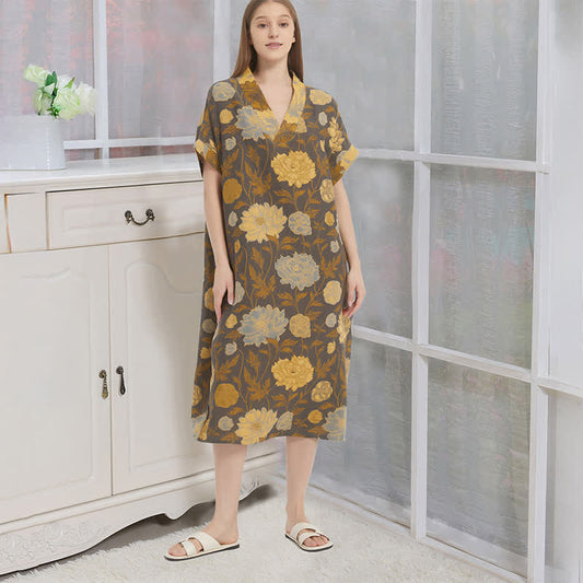 Ownkoti Vintage Peony Jacquard V-Neck Nightgown - Gray & Yellow - XL - image 0