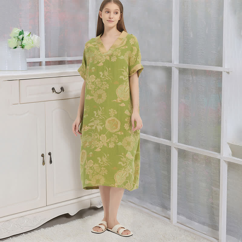 Ownkoti Floral Cotton Double-Gauze Kaftan Nightgown - Green - XL - image 0