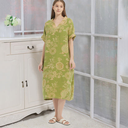 Ownkoti Floral Cotton Double-Gauze Kaftan Nightgown - Green - XL - image 0