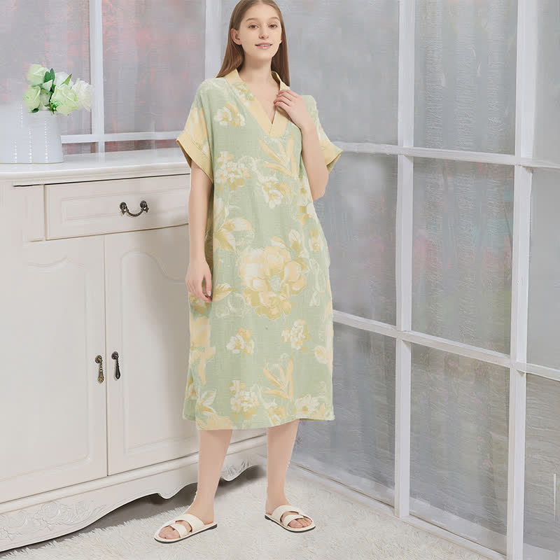 Ownkoti Jacquard Double-Layer Gauze Floral Nightgown - Green - XL - image 4