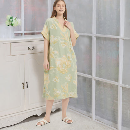 Ownkoti Jacquard Double-Layer Gauze Floral Nightgown - Green - XL - image 4