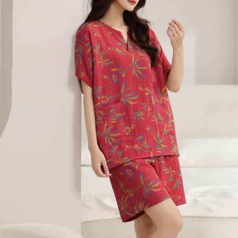 Ownkoti Breathable Cotton Gauze Kimono Pajama Set - Red - Women : L - image 7