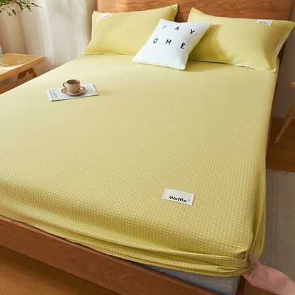 Ownkoti Pure Cotton Waffle Texture Fitted Sheet - Yellow - Sheet with 2pcs Pillowcases - King - image 1