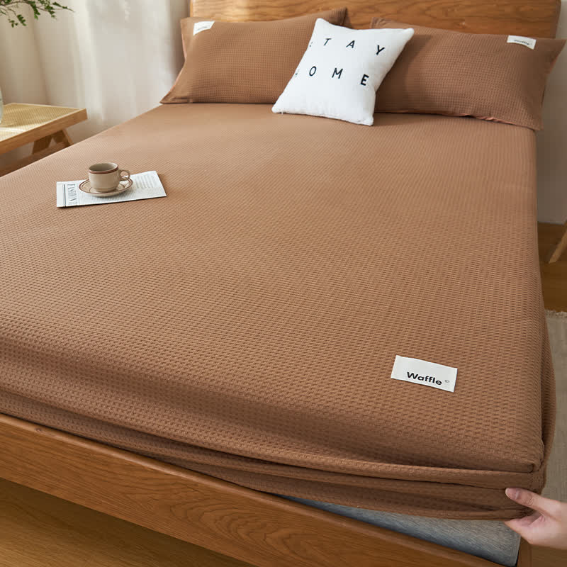Ownkoti Pure Cotton Waffle Texture Fitted Sheet - Brown - Sheet with 2pcs Pillowcases - King - image 7