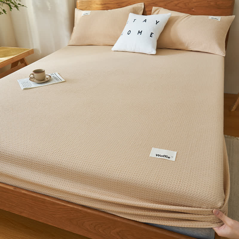 Ownkoti Pure Cotton Waffle Texture Fitted Sheet - Apricot - Sheet with 2pcs Pillowcases - King - image 5
