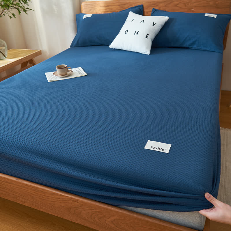 Ownkoti Pure Cotton Waffle Texture Fitted Sheet - Navy Blue - Sheet with 2pcs Pillowcases - King - image 2