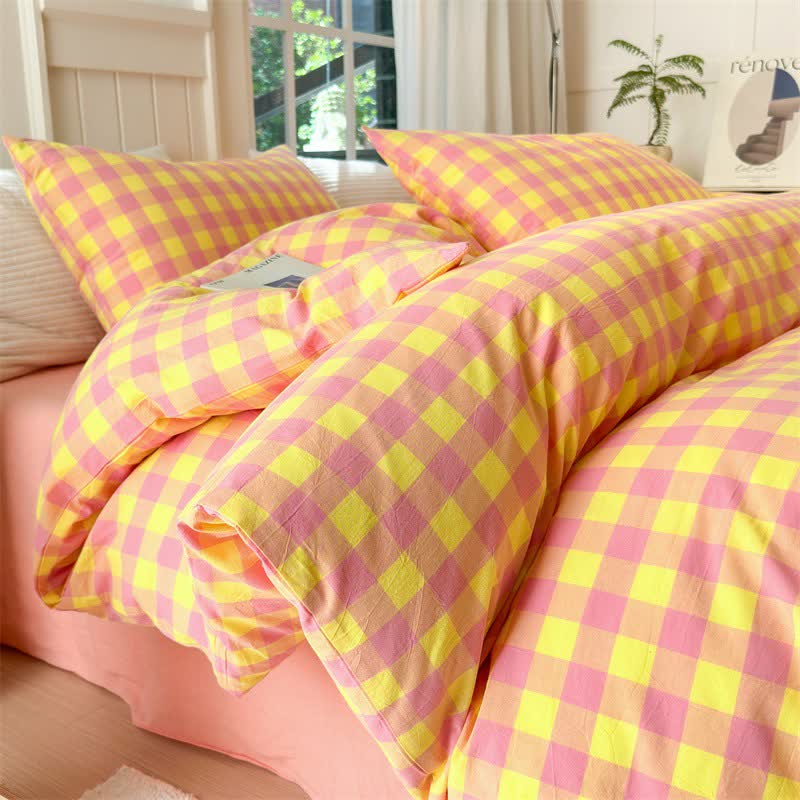 Ownkoti Checkered Pattern Pure Cotton Bedding Set - Pink & Yellow - Bedding Set - King - image 9
