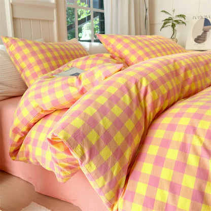 Ownkoti Checkered Pattern Pure Cotton Bedding Set - Pink & Yellow - Bedding Set - King - image 9