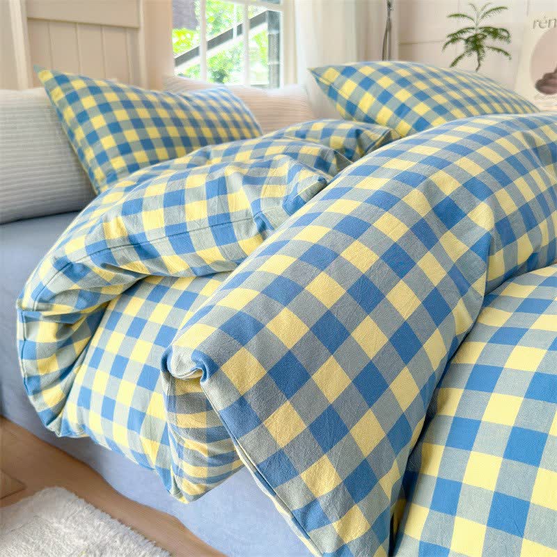 Ownkoti Checkered Pattern Pure Cotton Bedding Set - Blue & Yellow - Bedding Set - King - image 0