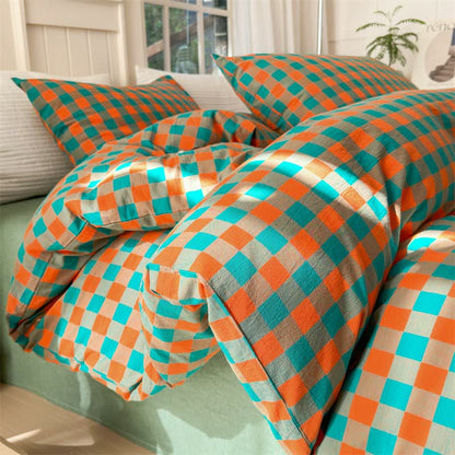 Ownkoti Checkered Pattern Pure Cotton Bedding Set - Orange & Green - Bedding Set - King - image 10