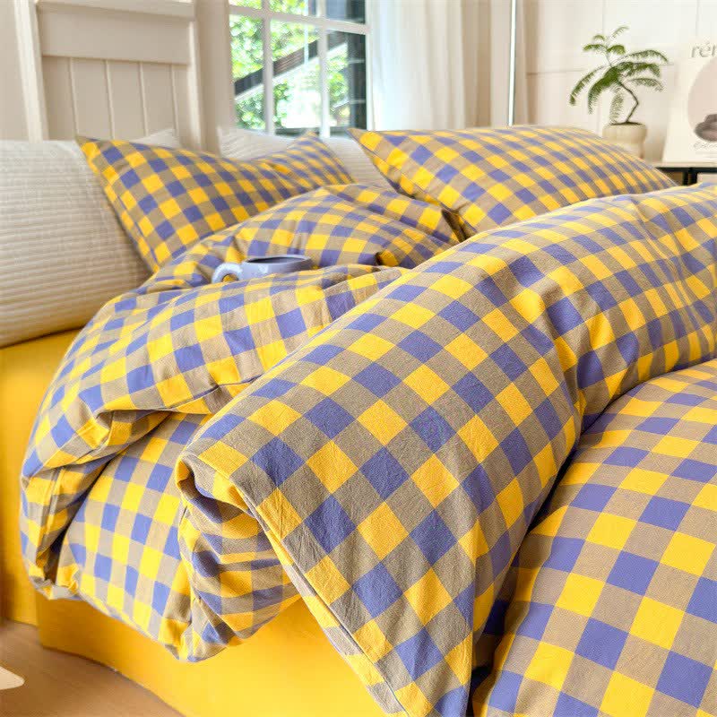 Ownkoti Checkered Pattern Pure Cotton Bedding Set - Purple & Yellow - Bedding Set - King - image 7