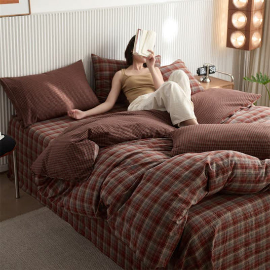 Ownkoti Vintage Subtle Plaid Cotton Bedding Set - Red - King - image 0