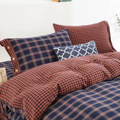 Ownkoti Retro Plaid Cotton Gauze Button Bedding Set(4PCS) - image 2