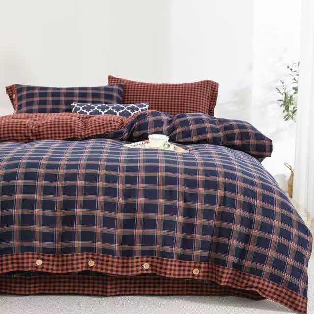 Ownkoti Retro Plaid Cotton Gauze Button Bedding Set(4PCS) - King - image 0