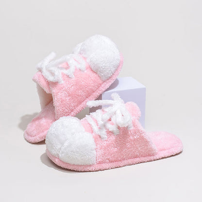 Ownkoti Cat Paw Lace-Up Closed-Toe Plush Slippers - Pink - L - image 1